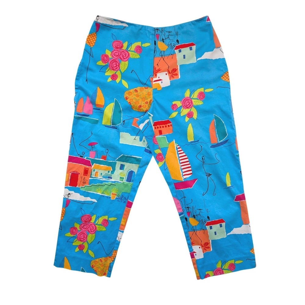 Vtg‎ Marisa Christina Stretch Blue Novelty Print Sailboat Floral Cropped Pants 8